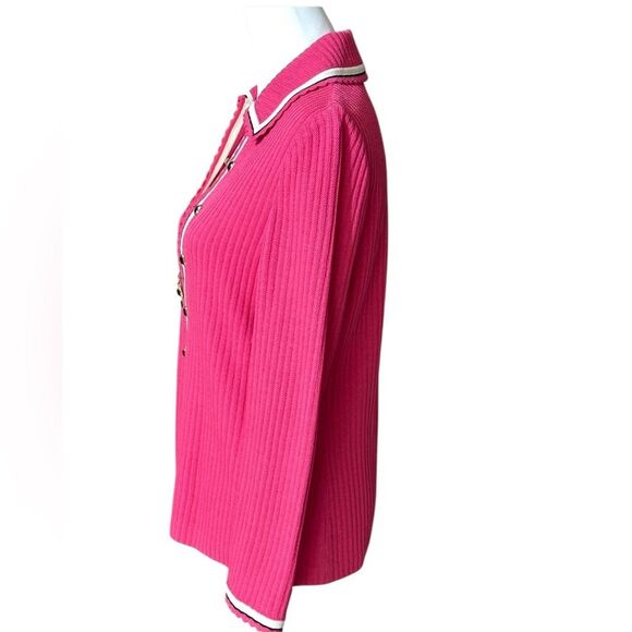 St. John Collection Pink Zip Front Sweater Knit Cardigan with Black Trim Sz 4 - Picture 7 of 16